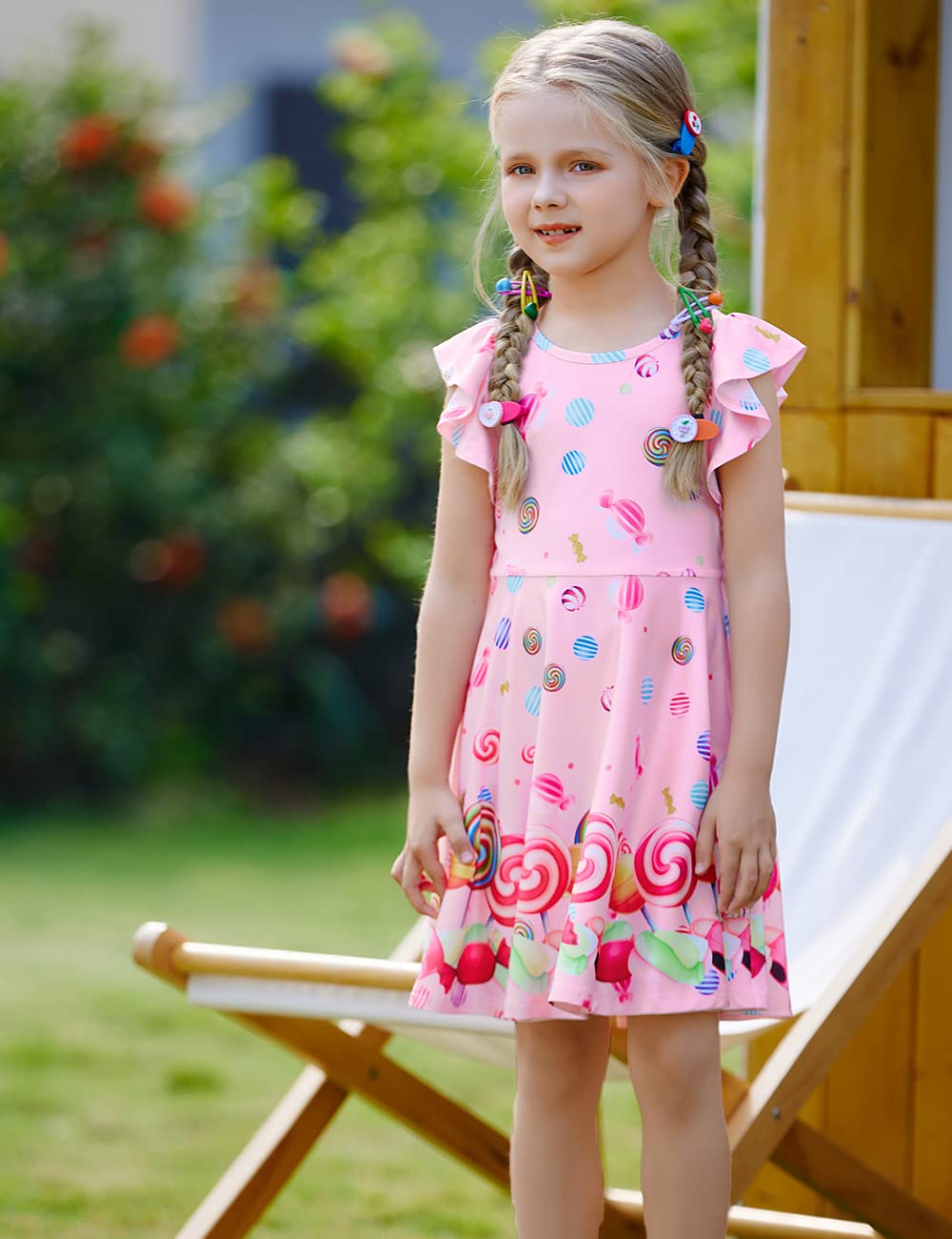 Labeca Baby Girls Printed Casual Party Dresses Twirly Ruffle Sleeve Dress Lollipop Cap Xs
