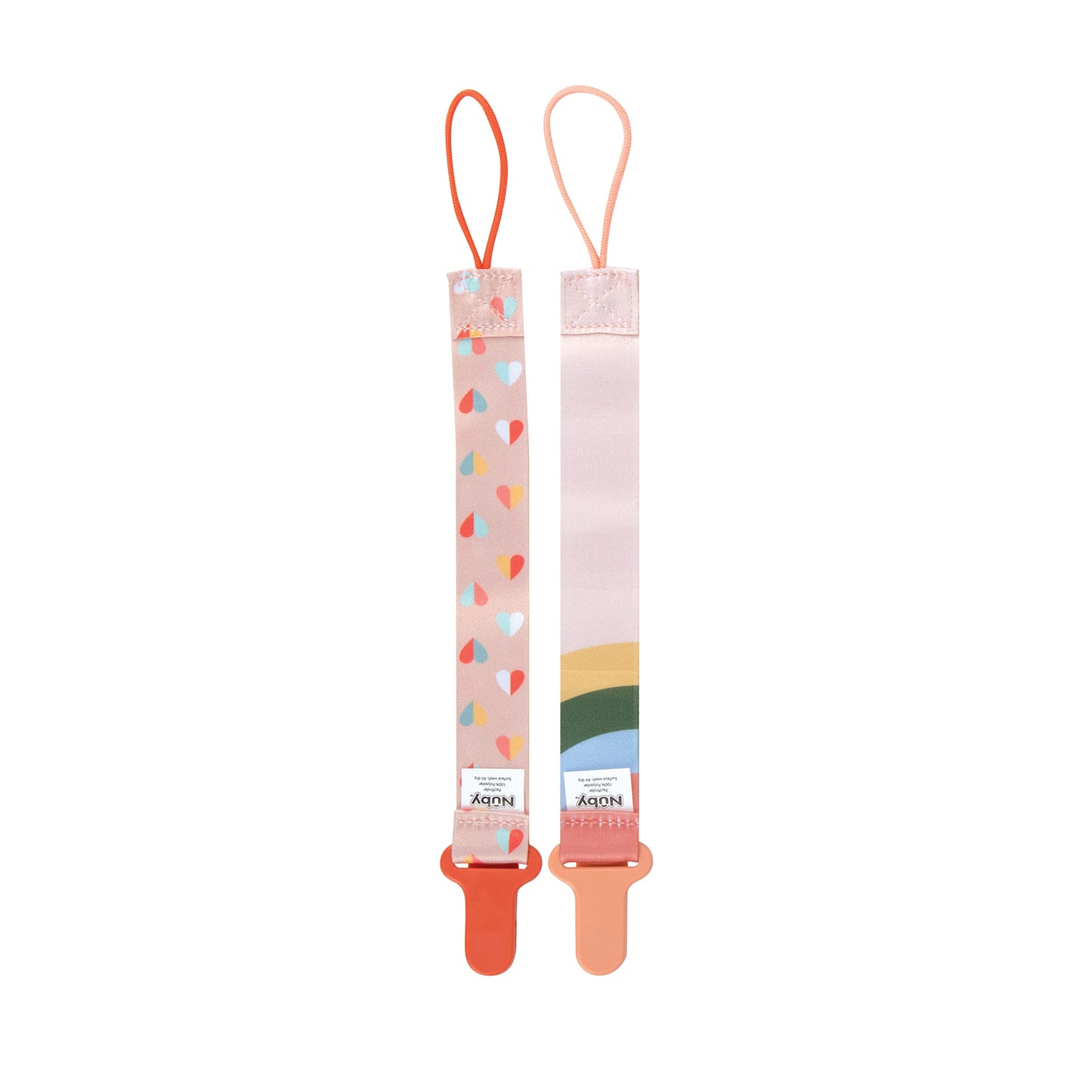 Nuby Pacifinder Baby Pacifier Clip - (2-Pack) - Pacifier Holder Clip with Convenient Hook Loop - Peach Stripes and Hearts