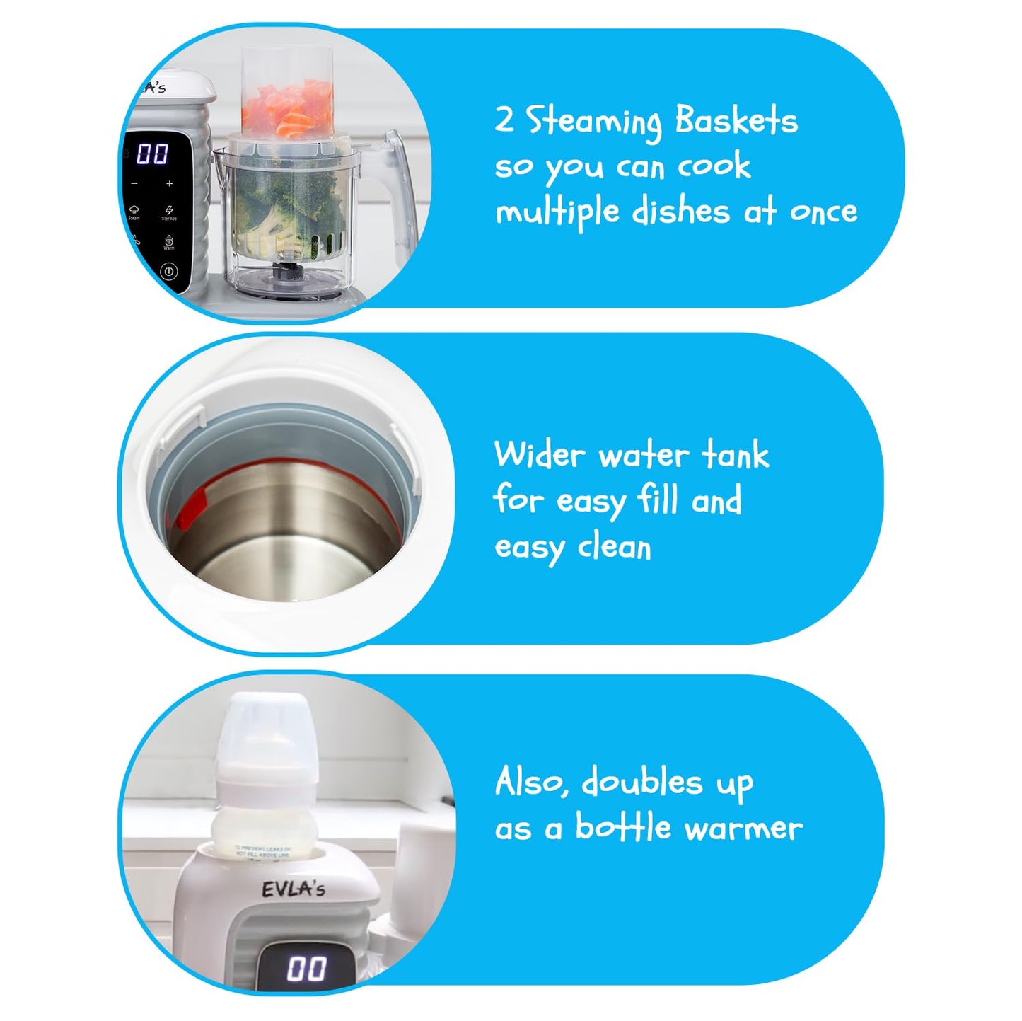 Evla'S Double Baby Food Maker With 2 Steaming Baskets, Steamer, Blender, Grinder, Food Processor, Cook & Blends Healthy Baby Foo