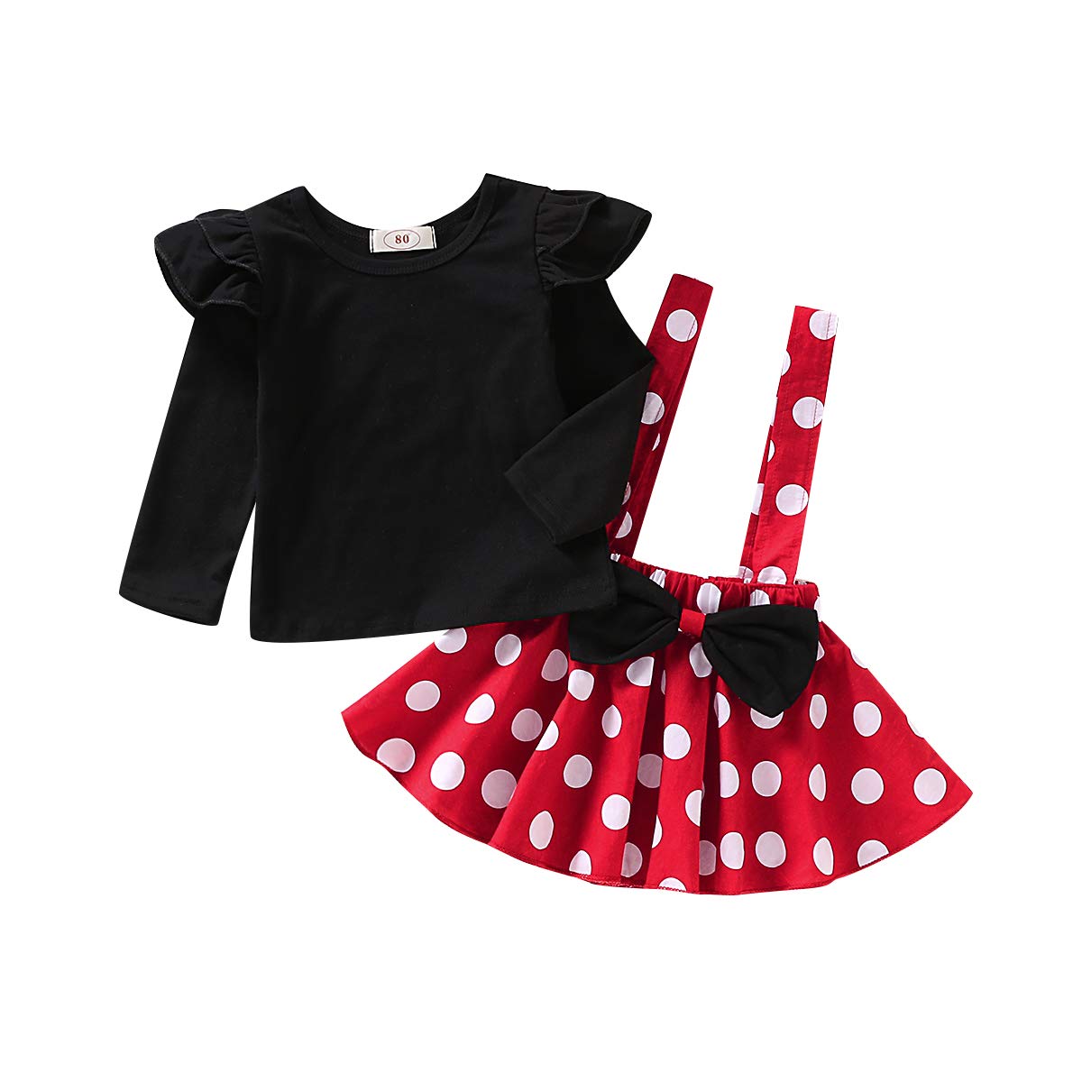 Baby Girls Skirts Set Ruffle Cloth +Polka Dot Overall Dress Bow Polka Dot Skirt Set (Long Sleeve, 3-4 T)