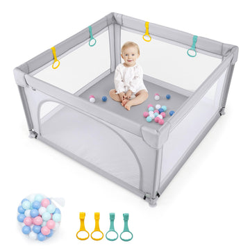 Costzon Baby Playpen, Extra Large Playard for Babies w/ 50 Ocean Balls, Infant Safety Gates with & Anti-Slip Suckers, Children 