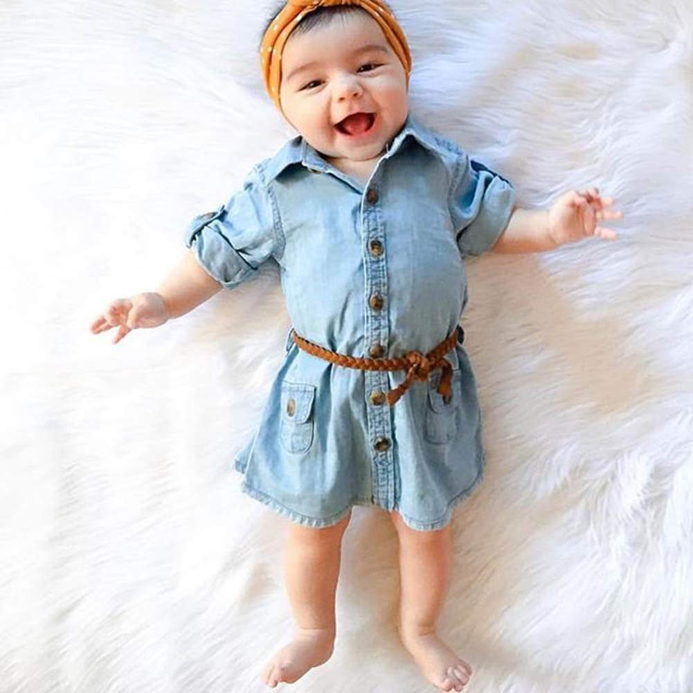 Biggerstore Fashion Kids Toddler Baby Girl Half/Long Sleeve Denim Tunic Jean Shirt Dress With Belt For Girl 1-5T (Blue, 12-18 Mo