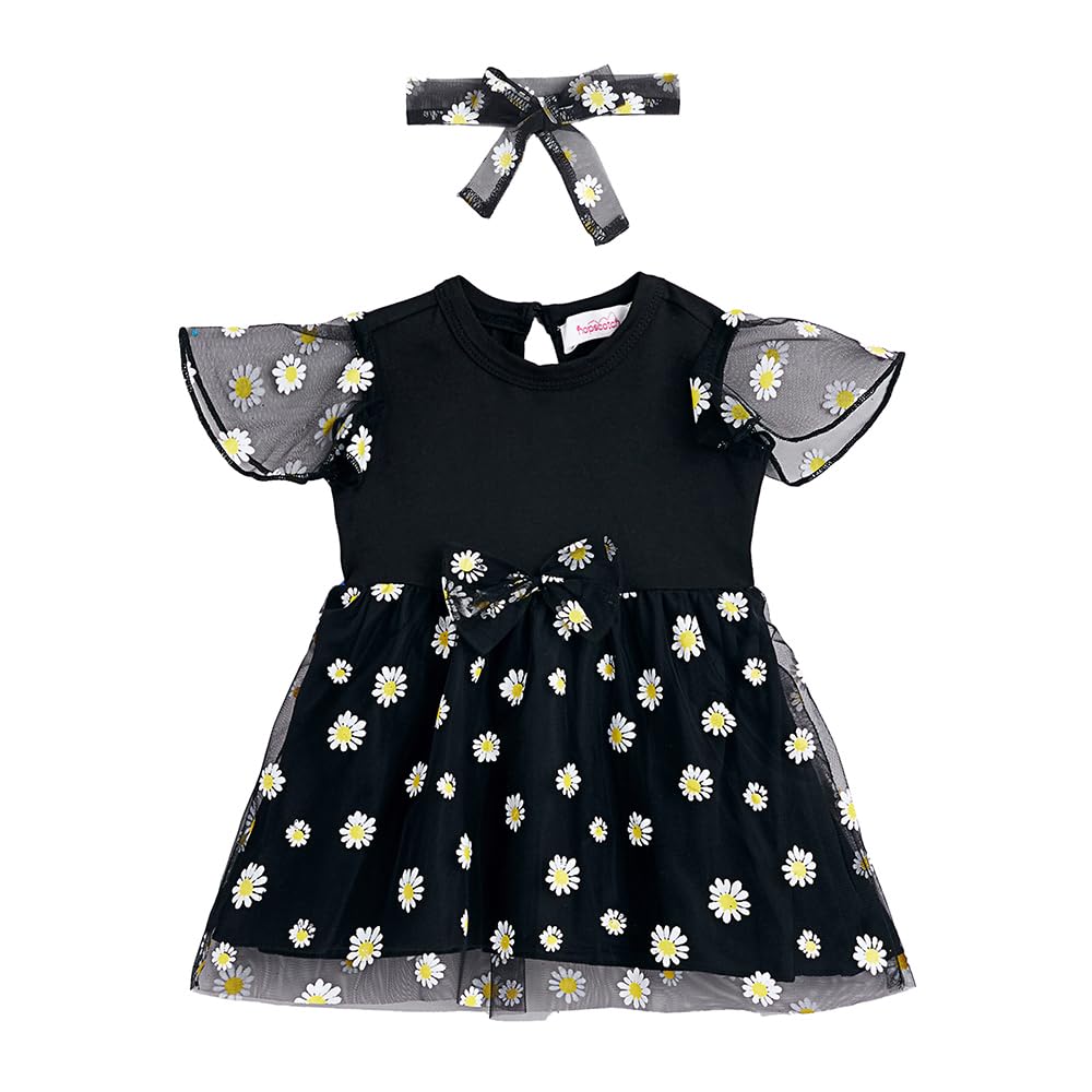 Hopscotch Baby Girls Floral Print Short Sleeves Black Casual Dresses For Ages (36 Months)