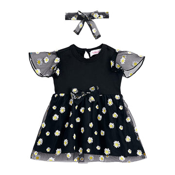Hopscotch Baby Girls Floral Print Short Sleeves Black Casual Dresses For Ages (36 Months)