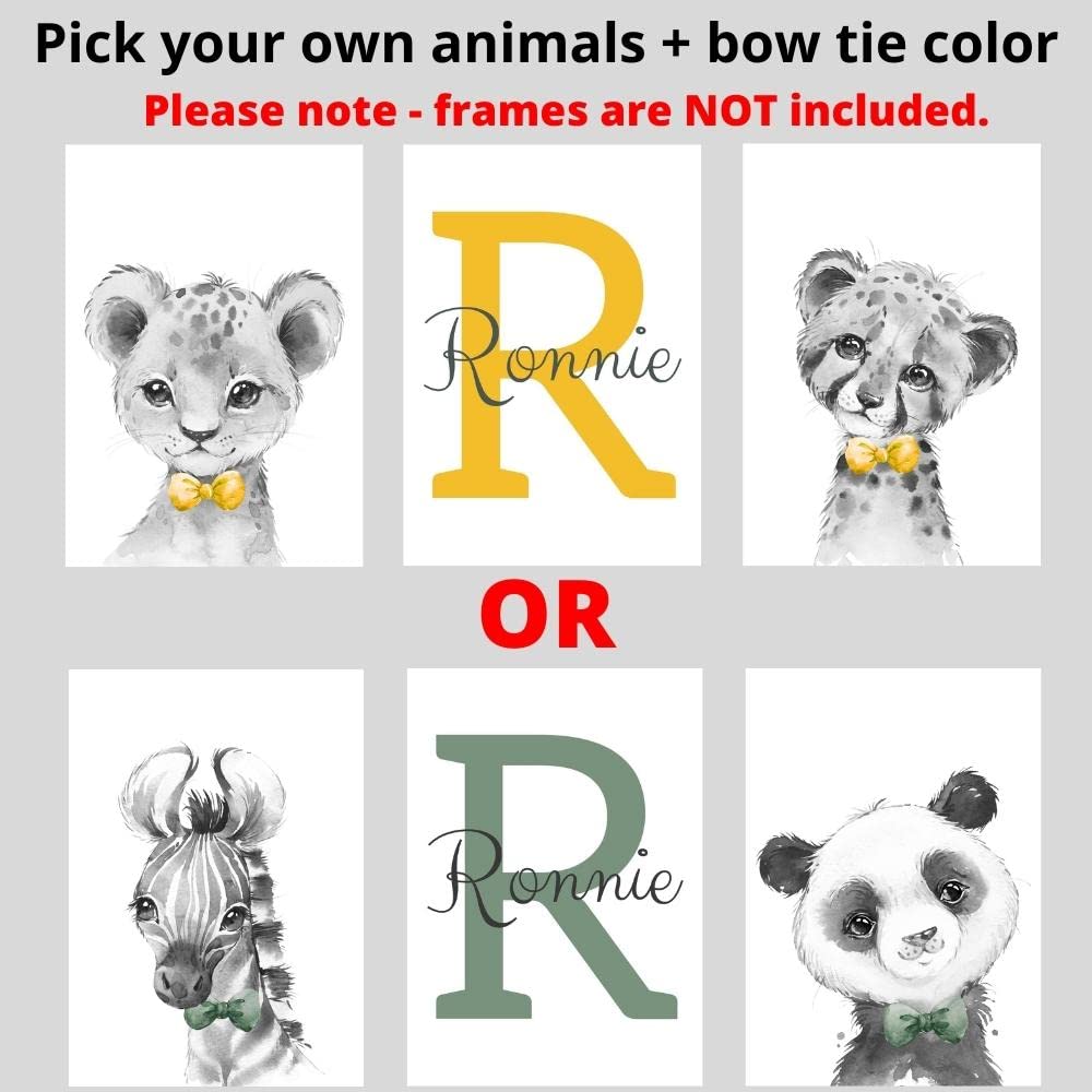 Personalized Safari Animals For Baby Boys Nursery Bedroom Unframed Set Of 3 Poster Prints, Personalized Name Blue Green Yellow B
