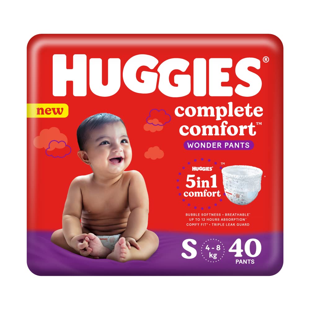 Huggies Complete Comfort Wonder Pants Small (S) Size Baby Diaper Pants, 40 Count, With 5 In 1 Comfort