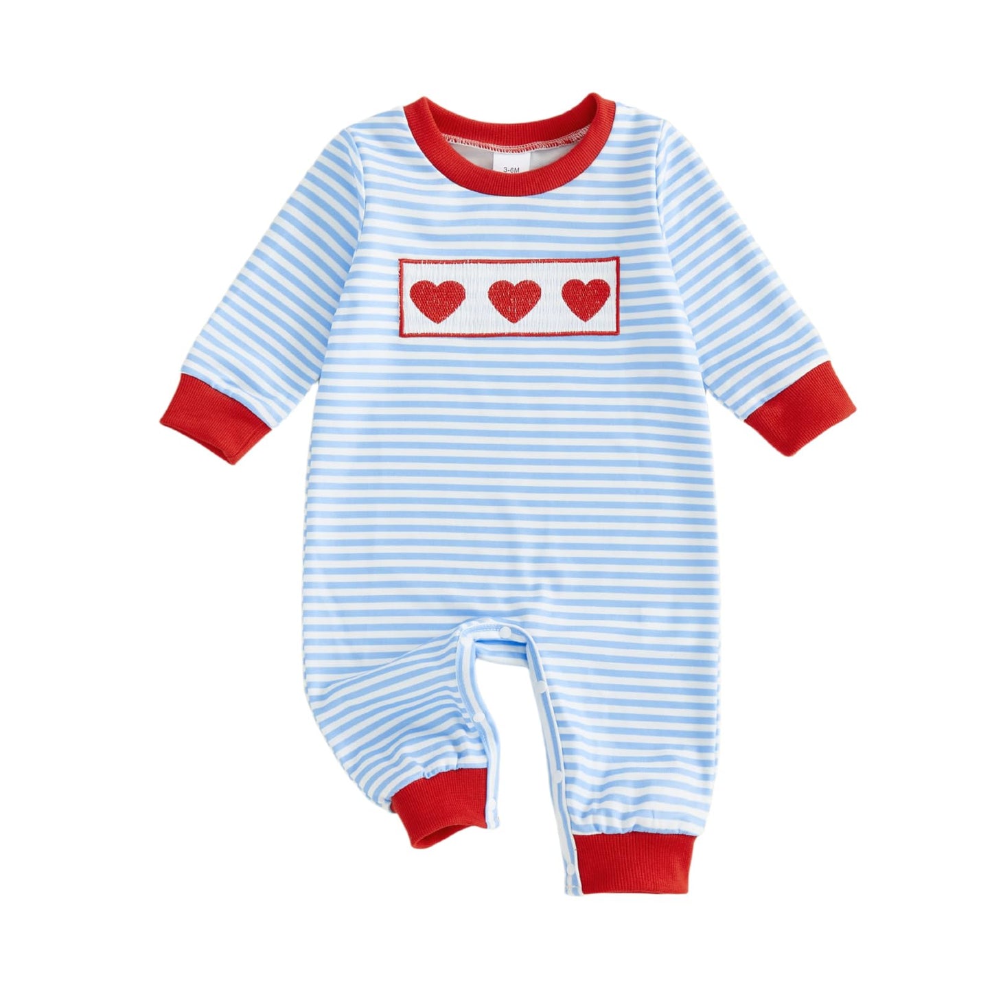 Sasaerucure Infant Newborn Baby boy Valentines day Outfit Heart Embroidery Striped Long Sleeve Romper Jumpsuit (Blue, 12-18 Mont