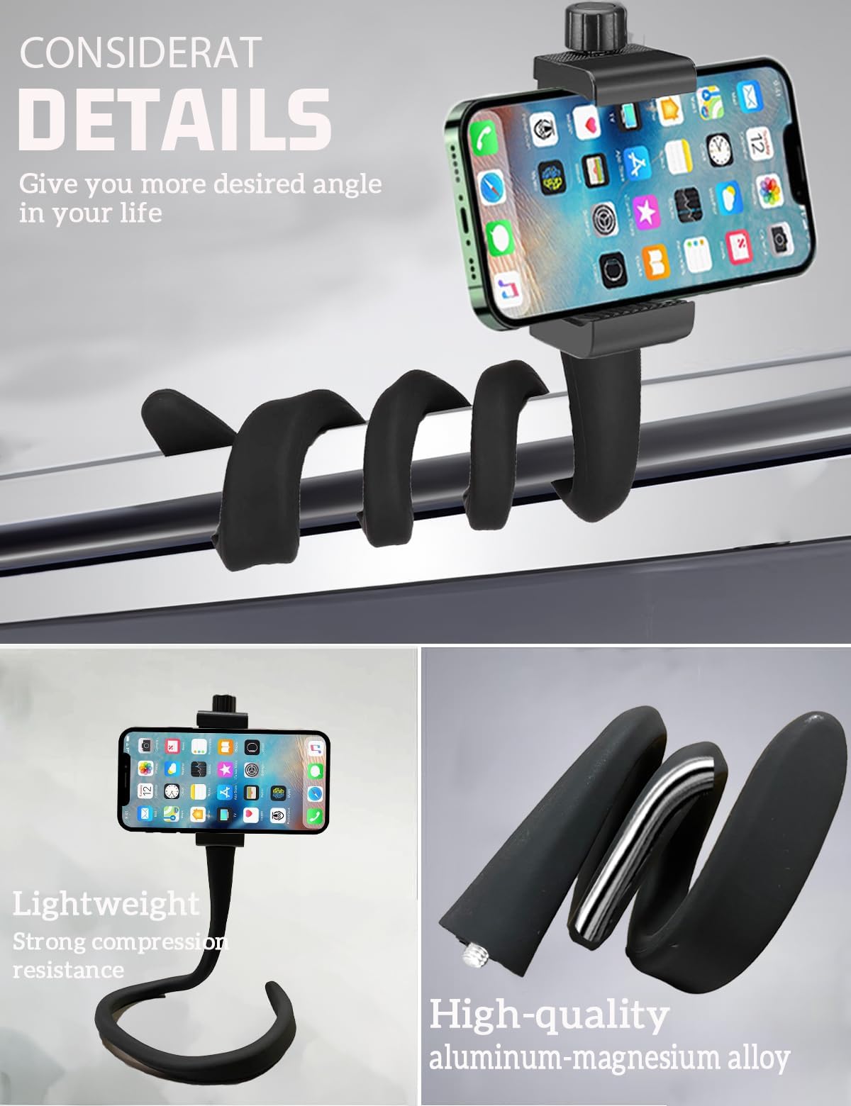 Portable Phone Holder Stand For Bed, Stroller, Desk, Car With Gooseneck Flexible Arm - Stable, Secure & Adjustable Fit On Treadm