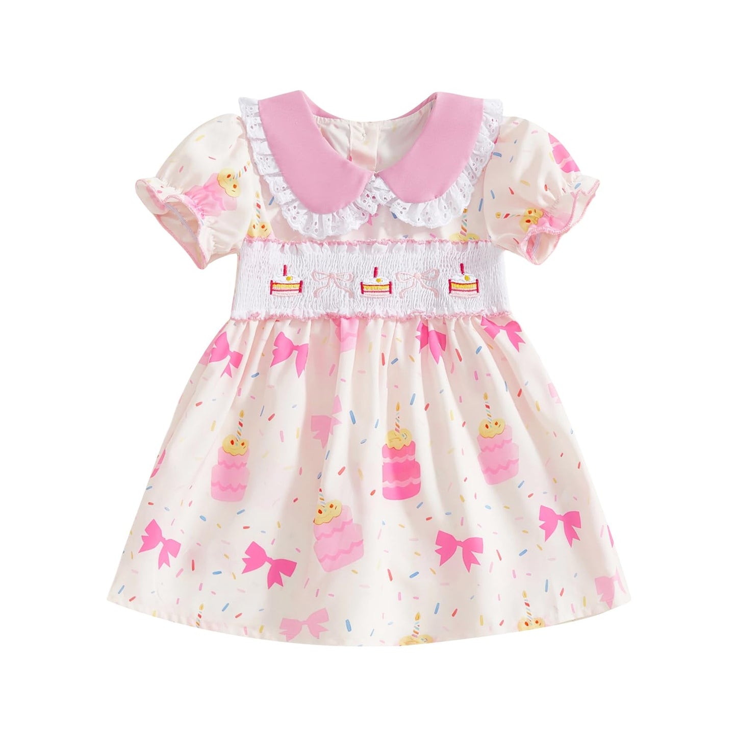 RSRZRCJ Birthday Girl Dress Toddler Smocked Bow Embroidery Bubble Short Sleeve Doll Neck Dresses Cake Smash Outfit Summer (Pink,