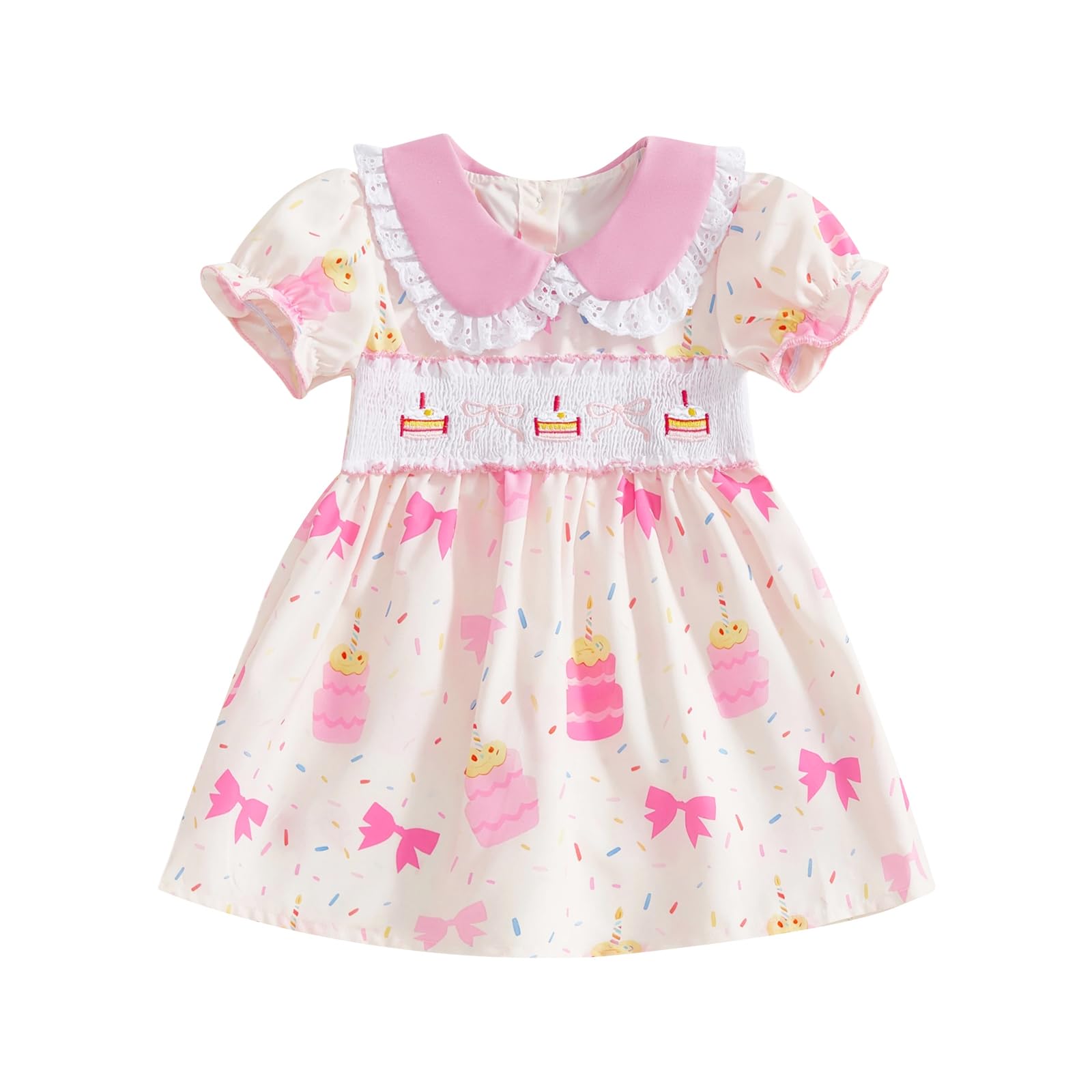 RSRZRCJ Birthday Girl Dress Toddler Smocked Bow Embroidery Bubble Short Sleeve Doll Neck Dresses Cake Smash Outfit Summer (Pink,