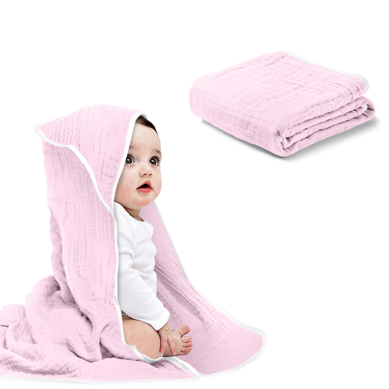 Arnzion Baby Hooded Towels For Babies And Toddlers, Muslin Baby Bath Towel Soft And Absorbency For Baby Girls (Pink 1 Pack)