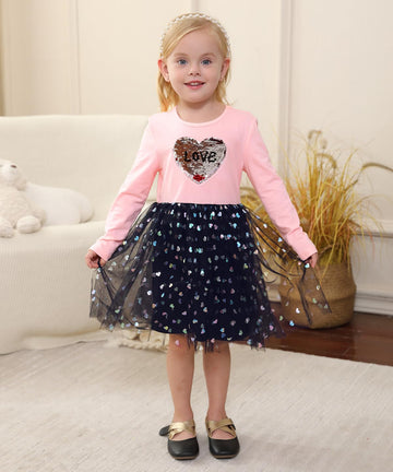 Toddler Tutu Dress Girls Baby Pink Sequin Heart Love Flower Tulle Long Sleeve Party Girl Valentines Day Dresses 18 24 Months
