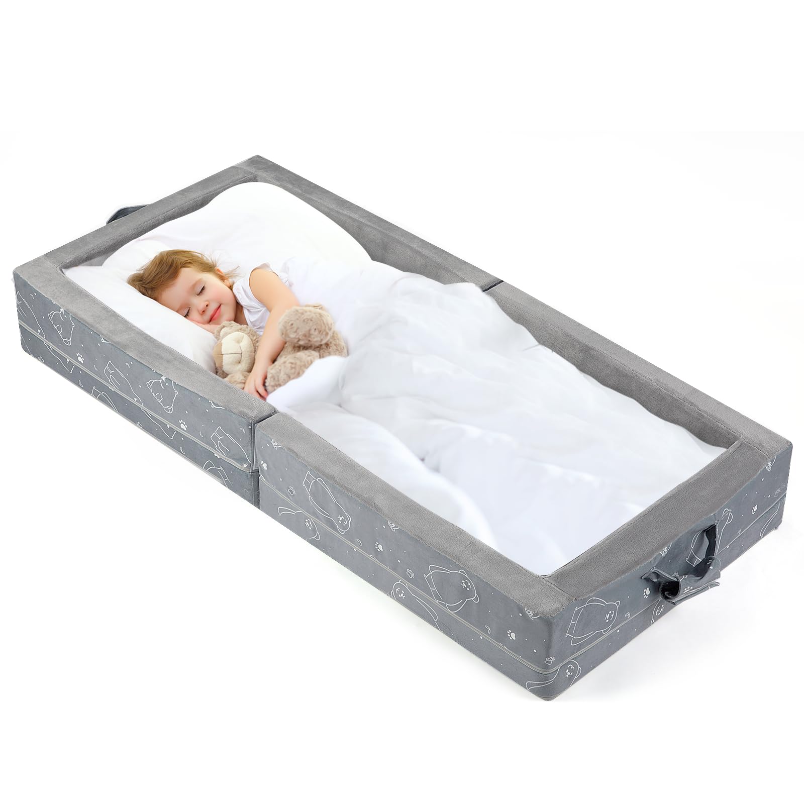 Umoving Portable Toddler Travel Bed - Foldable Soft Foam Floor Crib with Washable Cover, Built-in Safety Rails, No Assembly, Com