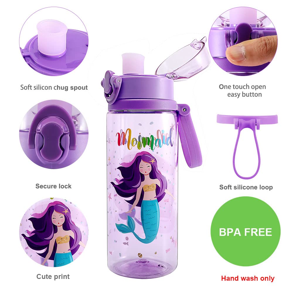 Home Tune Cute Water Bottle For School Kids Girls, Soft Silicone Chug Lid & Bpa Free & Leak Proof One Click Open Flip Top & Easy