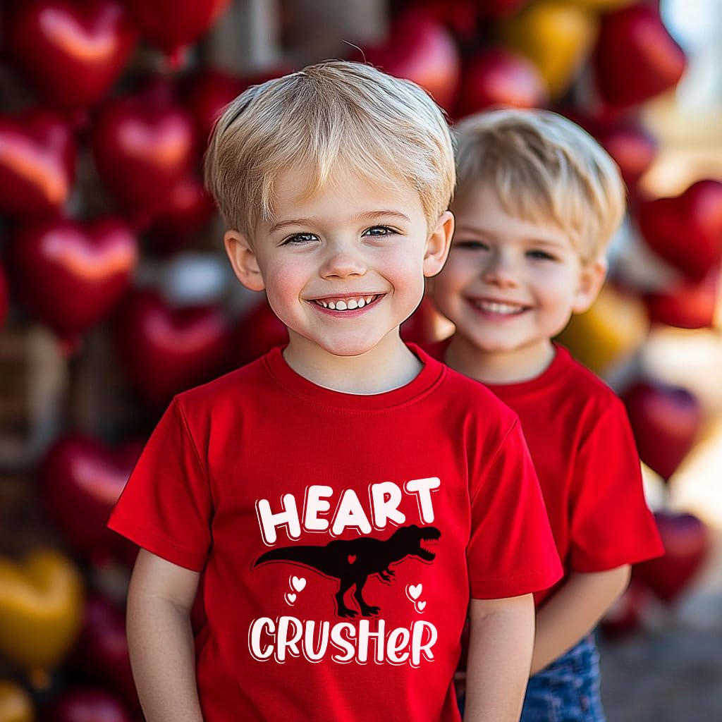 Boys Valentine'S Day T-Shirt Heart Crusher Dinosaur Shirt Kids Short Sleeve Cotton Fashion Red Tops For Size 6 Years