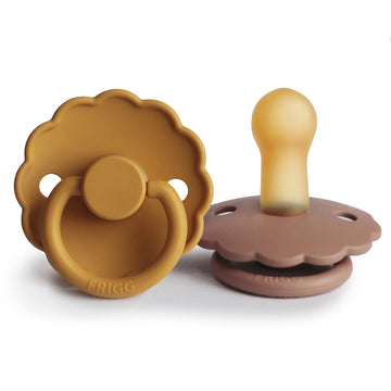 FRIGG Daisy Natural Rubber Baby Pacifier | Made in Denmark | BPA-Free (Rose Gold/Honey Gold, 6-18 Months) 2-Pack