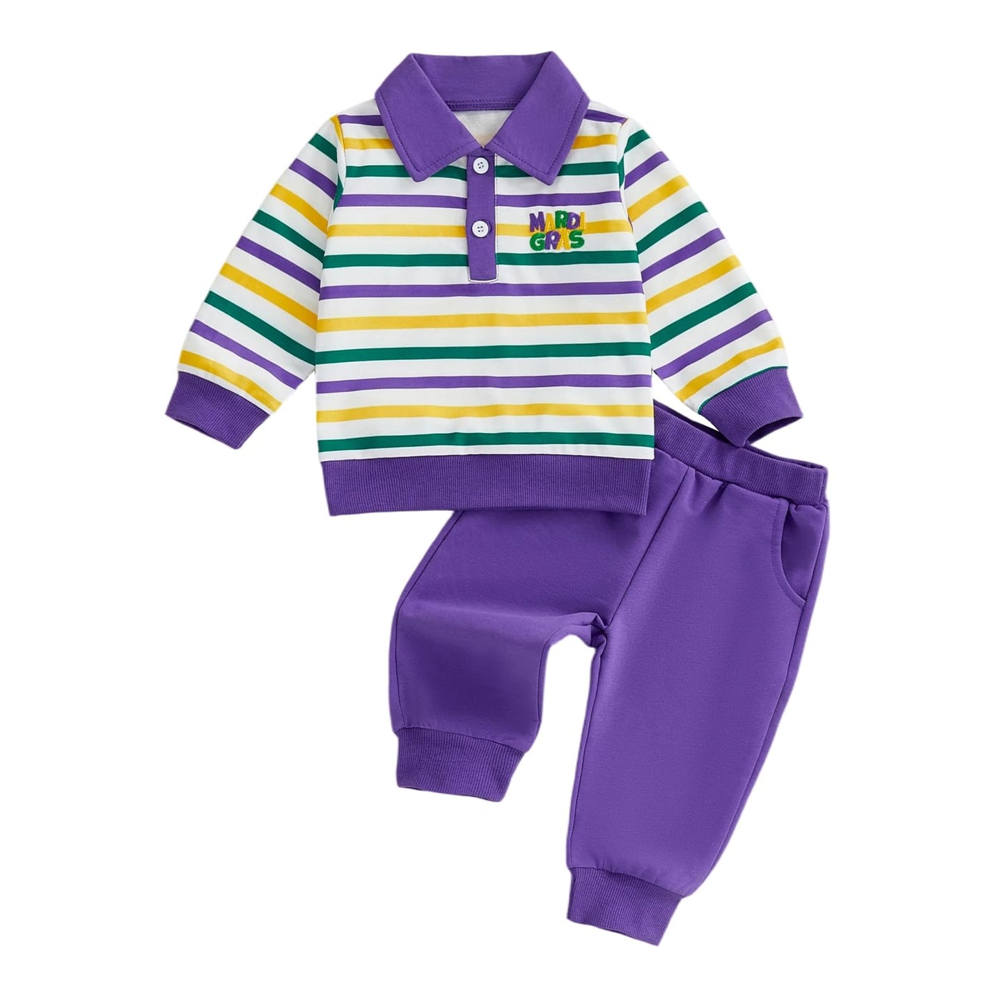 GOOCHEER Toddler Baby Boy Mardi Gras Outfit Button Collar Striped Long Sleeve Sweatshirt Pullover and Pants Set (Purple, 2-3T)