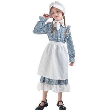 Fccam Prairie Dresses For Girls Pioneer Costume 19Th Century Long Sleeves Colonial Dress Blue L Age Over 4 Years Old