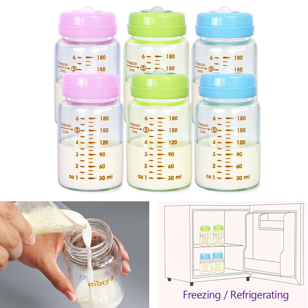 Matyz 6-Pack Borosilicate Glass Breast Milk Bottles (6 Oz, 3 Colors) - Wide Neck Breastmilk Collection And Storage Bottle - Form