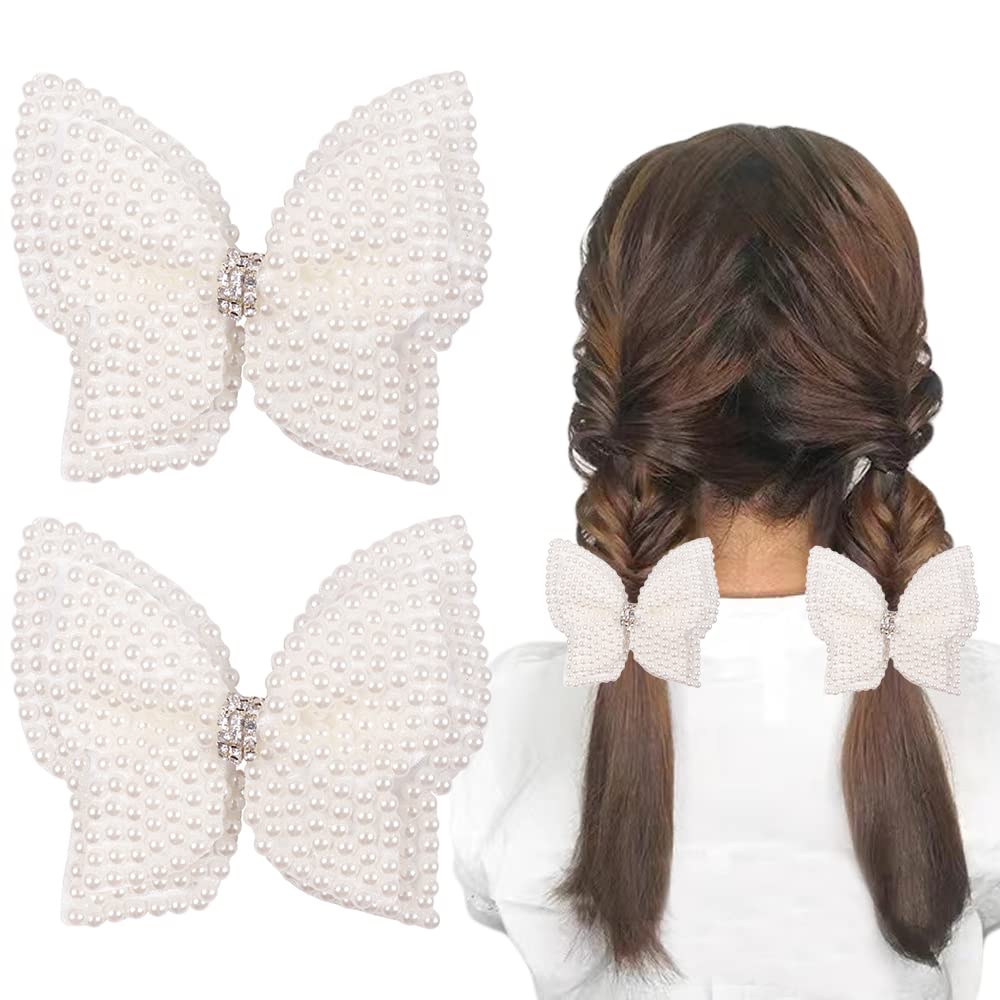 Double Layer Pearl Hair Bows For Girls, White Butterfly Flower Alligator Hair Bow Clip Wedding Rhinestone Hair Accessories For B