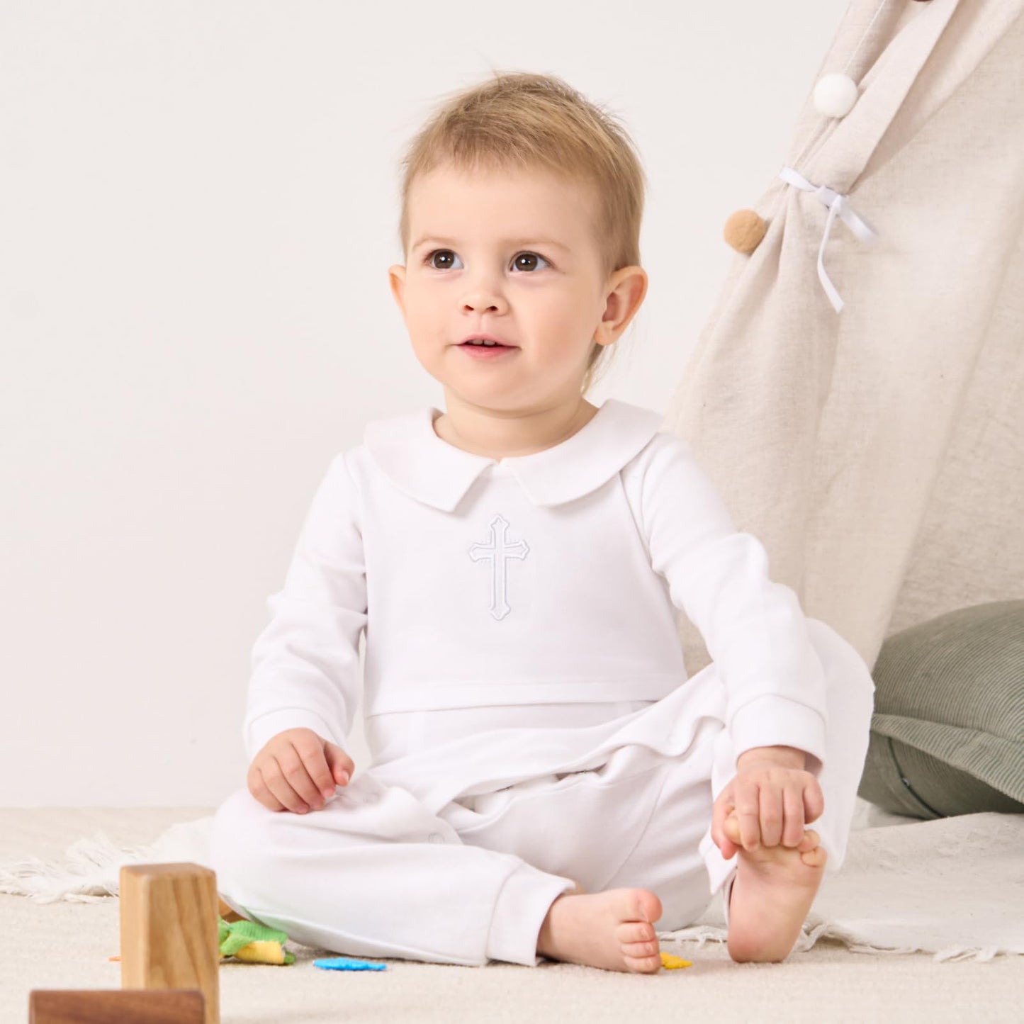 Pureborn Baby Boys Baptism Romper Organic Cotton Long Sleeve Christening Jumpsuit For Infant Boy Baptism Outfit White 6-9 Months