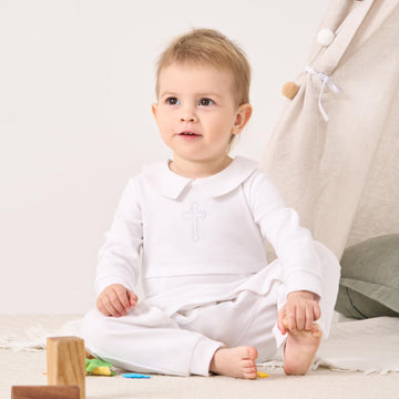Pureborn Baby Boys Baptism Romper Organic Cotton Long Sleeve Christening Jumpsuit For Infant Boy Baptism Outfit White 6-9 Months