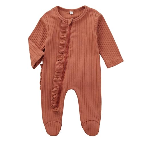 Kuriozud Newborn Baby Girl Boy Zipper Sleeper Ruffle Footed Romper One Piece Clothes (Orange Zipper Footie, 0-3 Months)