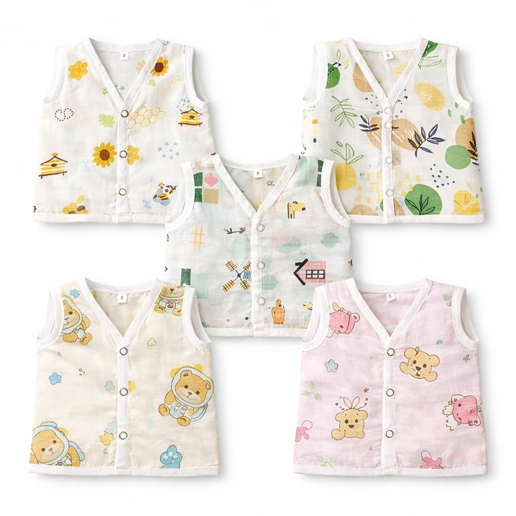 Xadiz 100% Organic Cotton Newborn Baby Jablas | Muslin Button Jabla | White Jabla | Summerwear Jabala | Sleeveless Vest | Baby P