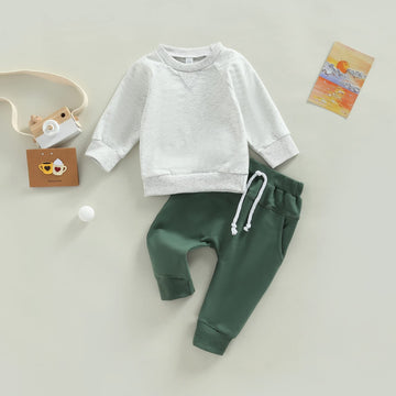 Toddler Baby Boy Clothes Set Solid Color Long Sleeve Crewneck Sweatshirt Top Casual Pants Set 2Pcs Fall Winter Outfits (Gray Gre