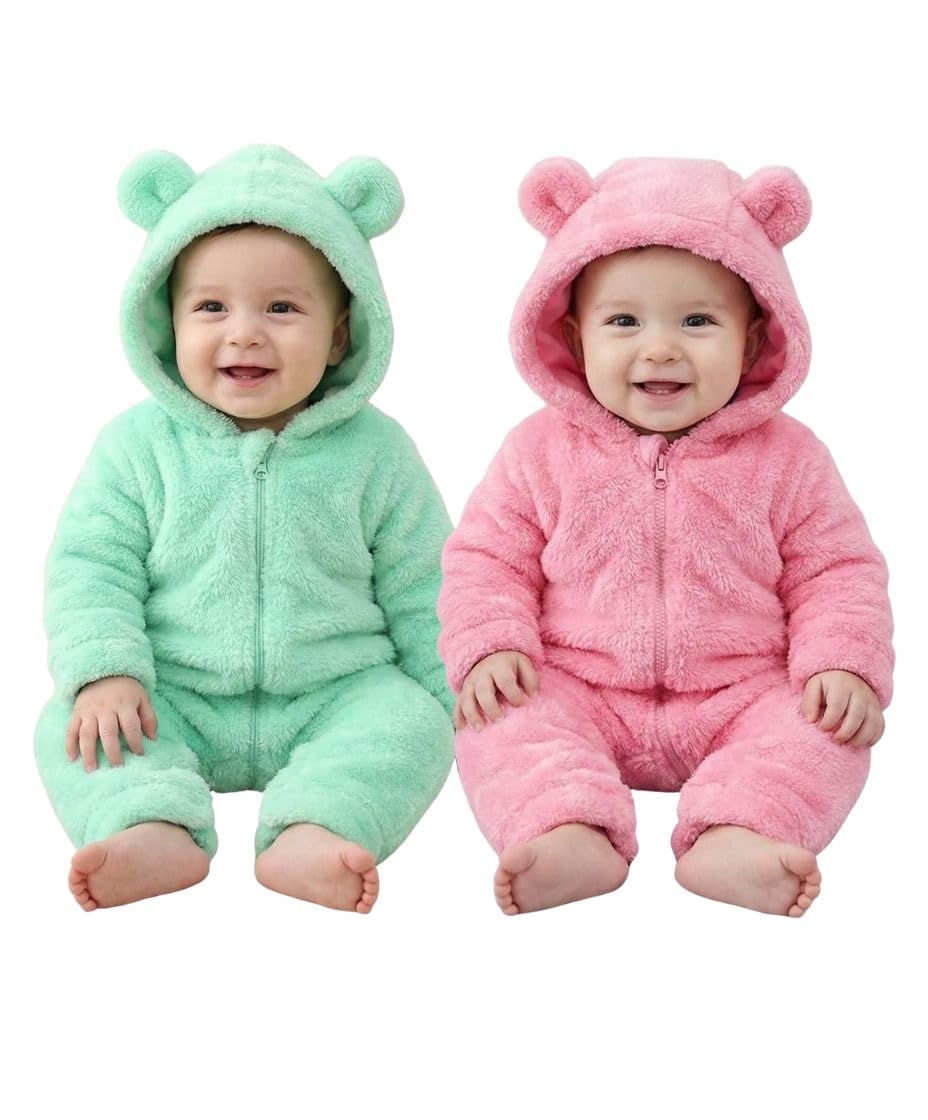 Baby Winter Fleece Romper, Hooded Bear Ears Design, Mint Green, FullZip Jumpsuit (2, Green&Pink, 0309month)