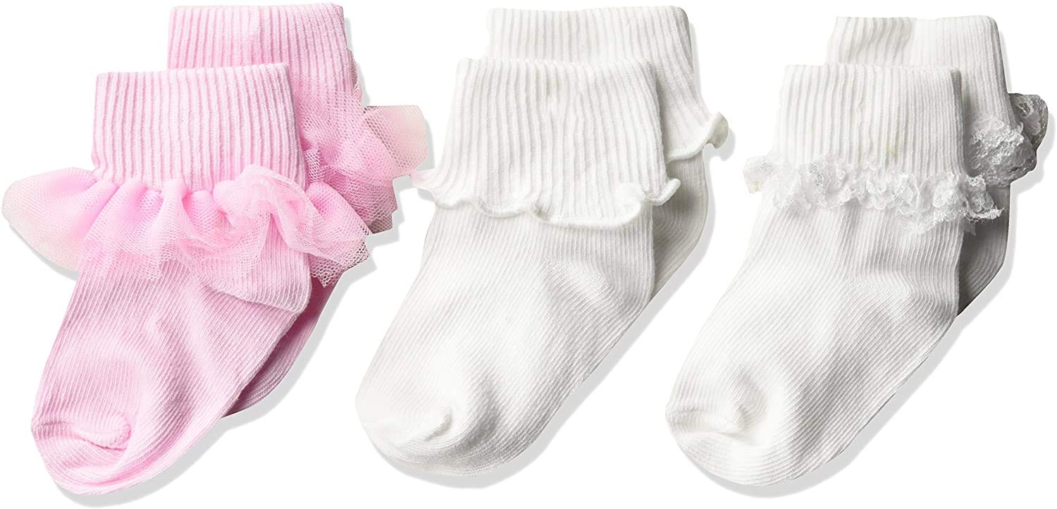 Jefferies Socks Girls' Ruffle/Ripple Edge/Lace Baby Socks 3 Pack, Pink/White, 3-12 Months