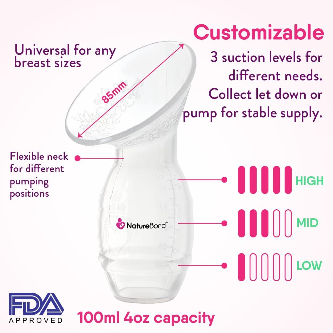 Naturebond Silicone Breast Pump With Lid, Stopper, Strap, Pouch Breastfeeding Essential Premium All In 1 Set 34Oz 100Ml (Premium