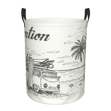 Pevtufa Summer Vacation Scene With Camping Van Foldable Laundry Basket Organizer,Fabric Clothes Toy Storage Basket Nursery Hampe