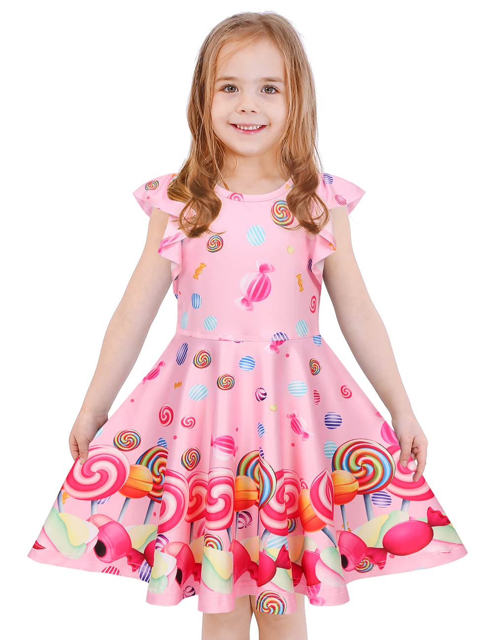 Labeca Baby Girls Printed Casual Party Dresses Twirly Ruffle Sleeve Dress Lollipop Cap Xs