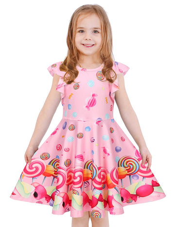 Labeca Baby Girls Printed Casual Party Dresses Twirly Ruffle Sleeve Dress Lollipop Cap Xs