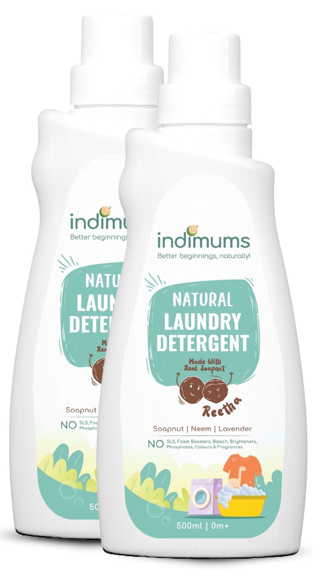 Indimums Baby Detergent Liquid 1 Litre (2X500Ml) | Reetha, Not Sls | Zero Chemical Residue On BabyS Skin | AntiBacterial | Bes
