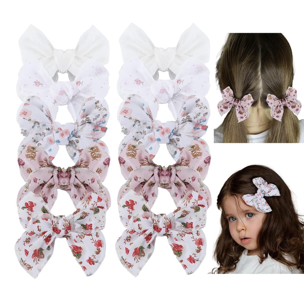Esumun Baby Girls Chiffon Floral Print Hair Bow Clips in Pairs Set Bowknot Hair Accessories with Flowers 10PCS for Toddlers Scho