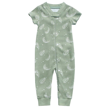 Owlivia Baby Boy Romper, Unisex Short-Sleeve Summer Outfit, 100% Organic Cotton Boy One-Piece Jumpsuit(6-12 Months, Feather Gree