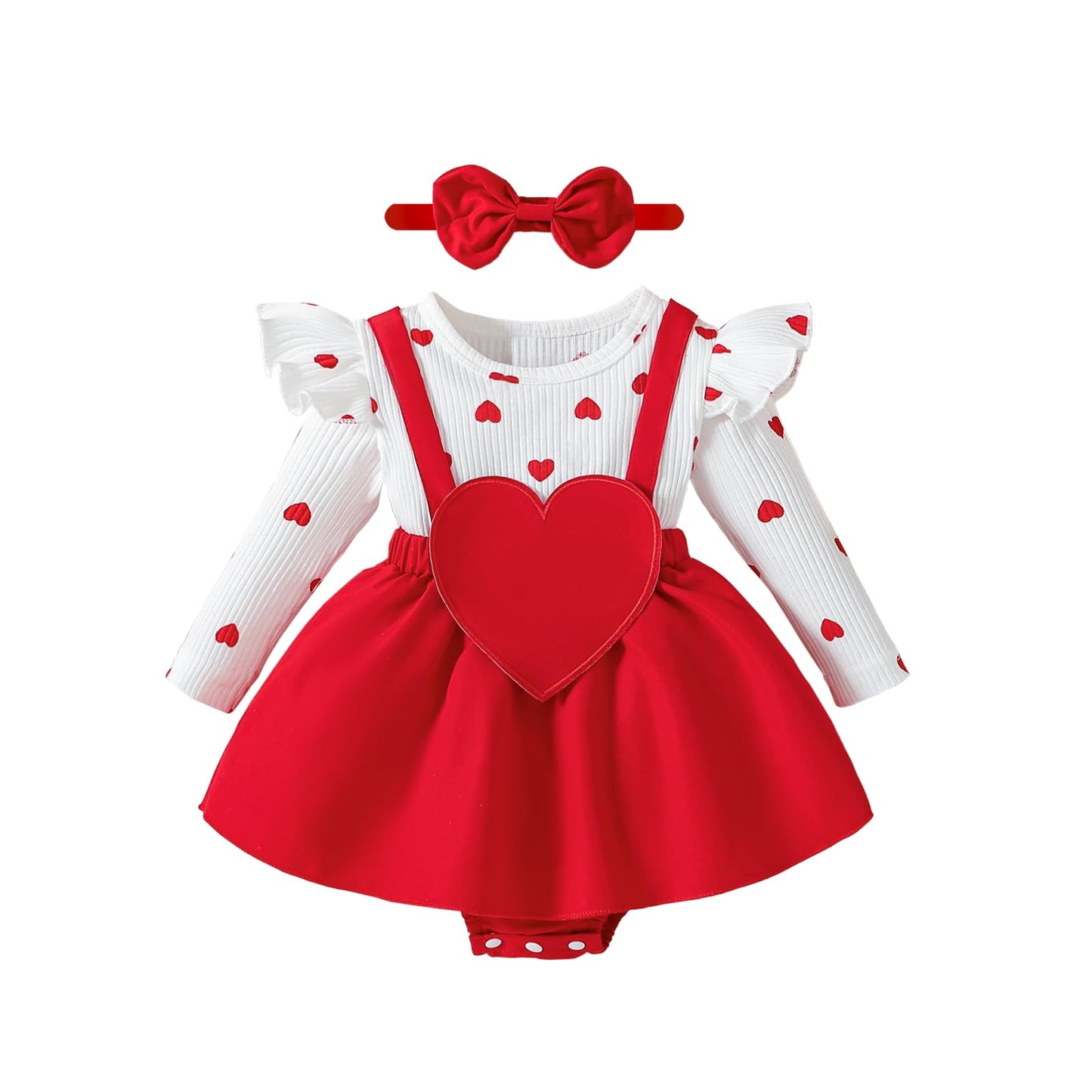 Wolbay Newborn Infant Valentines Baby Girl Outfit Love Print Romper Drees Ruffles Bodysuit Jumpsuit Clothes And Headband (Reda,