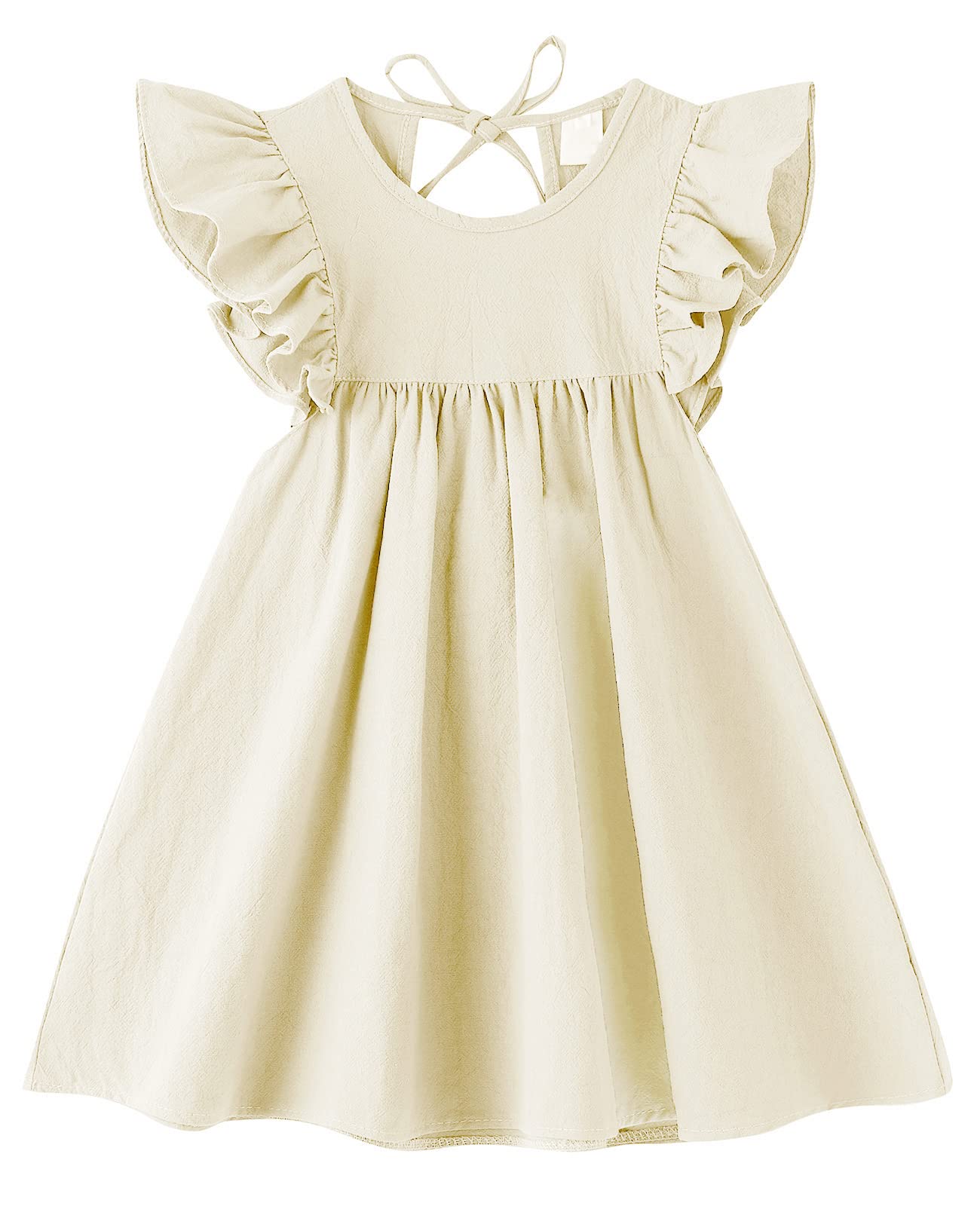 Lyxiof Toddler Baby Girl Cotton Linen Dress Ruffle Sleeve Halter Sleeveless Kids Casual Dresses Beige 110Cm