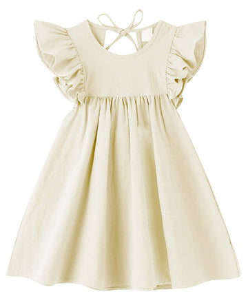 Lyxiof Toddler Baby Girl Cotton Linen Dress Ruffle Sleeve Halter Sleeveless Kids Casual Dresses Beige 120Cm