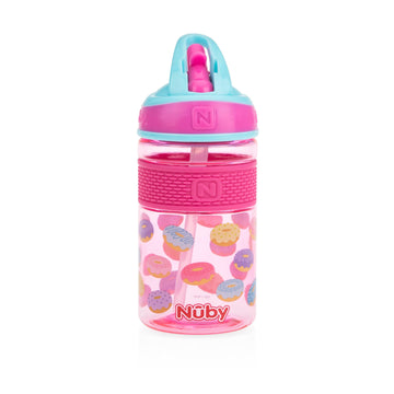 Nuby Thirsty Kids Flip-It Freestyle On The Go Water Bottle With Bite Resistant Hard Straw Cup And Easy Grip Band, Pink Donuts, 1