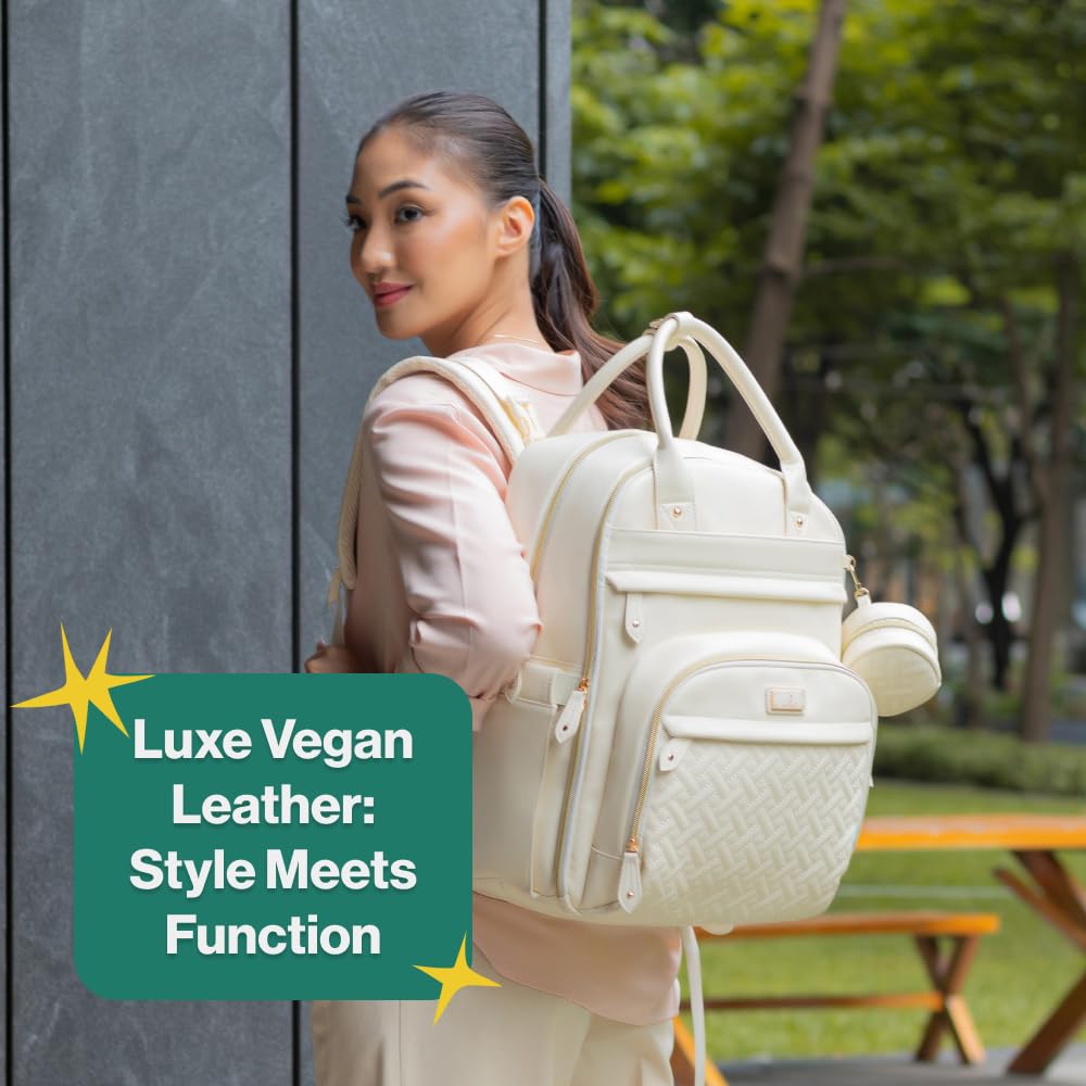 Babbleroo Leather Diaper Bag Backpack - Baby Essentials Travel Baby Bag, Multi Function, Waterproof, With Changing Pad, Stroller