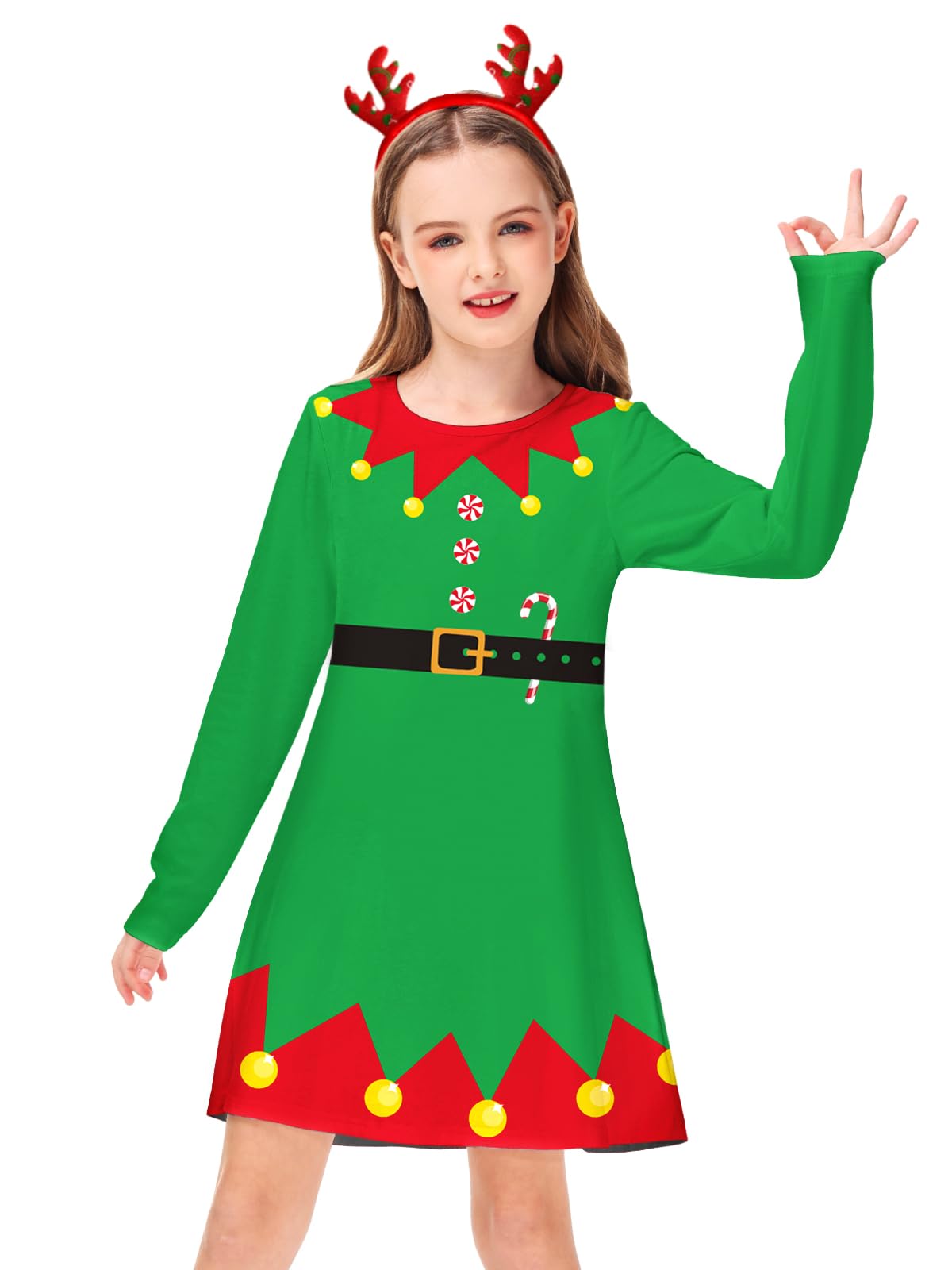 Kids Christmas Long Sleeve Dress Girls Cute Elf Outfits Xmas Party Green Aline Dresses 7-8 Years