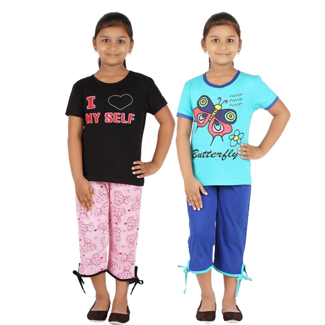 FICTIF Kid Girls Top & Capri Set (2FG303ILRB Black&Pink,Light Blue&Dark Blue Capri Set) Pack of 3 (56 Years)