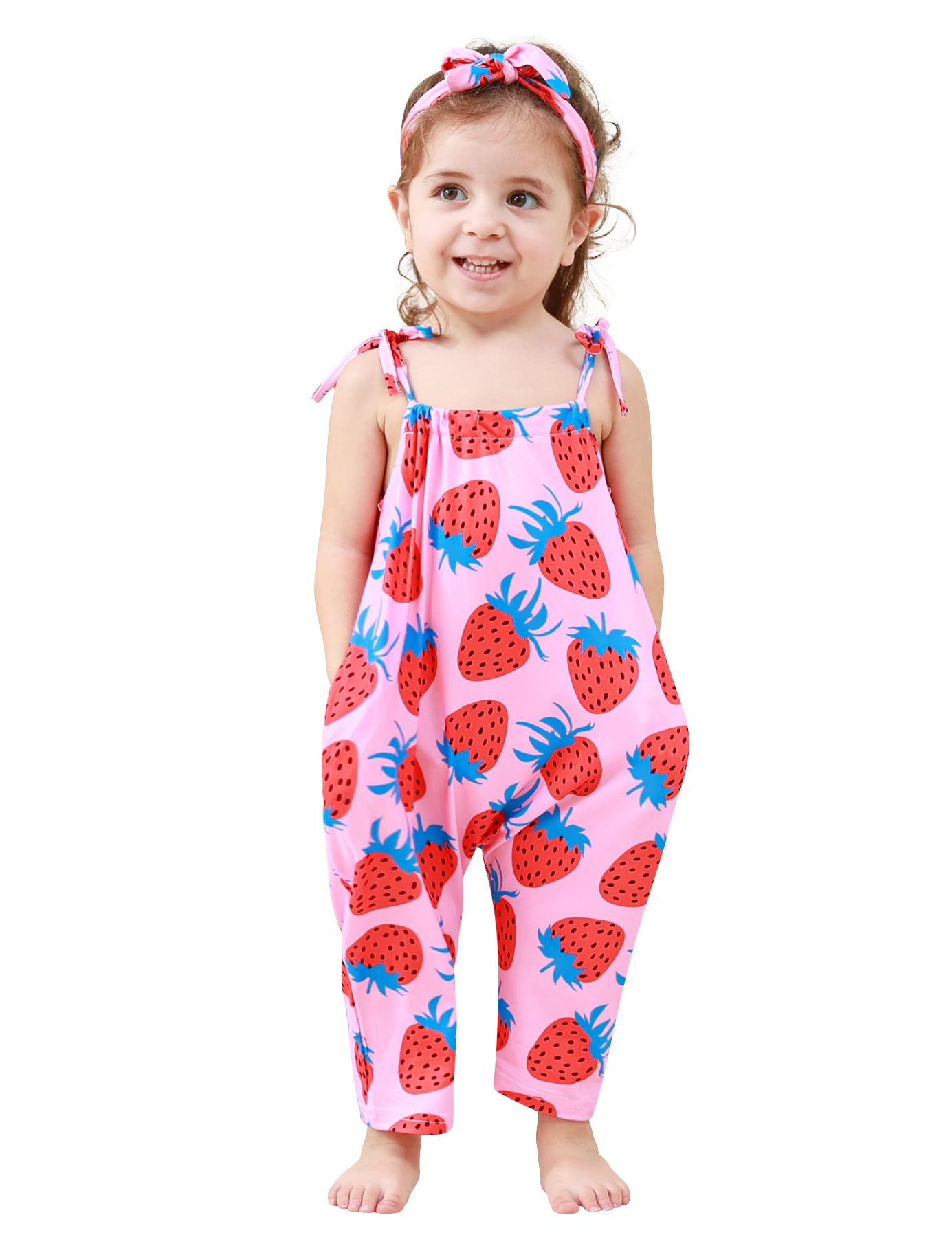 Lindanina Toddler Baby Girls Romper Strawberry Sleeveless Jumpsuit Summer Cute Clothes Adjustable Tie-Up Strap 12-24 Months Infa