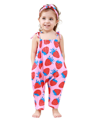 Lindanina Toddler Baby Girls Romper Strawberry Sleeveless Jumpsuit Summer Cute Clothes Adjustable Tie-Up Strap 12-24 Months Infa