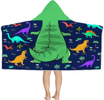 Dinosaur Beach Towel With Hood for Kids - T-Rex Hooded Towel for Boys 30x50 Cool Cartoon Microfiber Bath Poncho Bathrobe for Swi