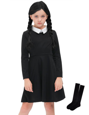 Girls Halloween Swing Black Peter Pan Collar Dress Aline Wednes Skater Party Outfit 4 Years