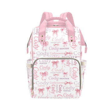 Workvalor Custom Pink Bow Baby Diaper Bag with Name - Personalized Nursing Travel Tote Backpack for Mom or Dad, Custom Name Baby